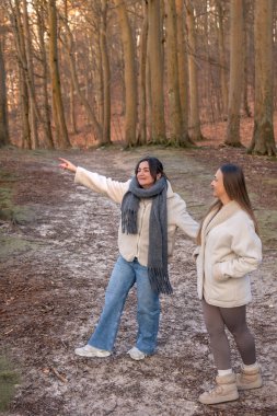 Ormanda yürüyen iki kadın. Orman. Doğa. Açık hava eğlencesi. Yüksek kalite fotoğraf. Ormanda bir patika boyunca yürüyen iki kadın. Soğuk hava. Metin için boşluk.