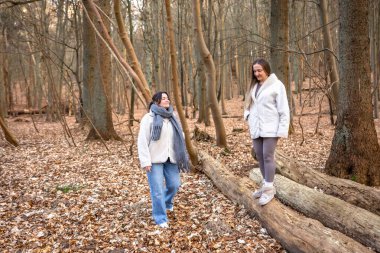 Ormanda yürüyüş yapan iki bayan arkadaş. Ormanda yürüyen arkadaşlar. Doğadaki insanlar. Yüksek kalite fotoğraf. Ormanda bir yürüyüş. Doğada rahatlama.