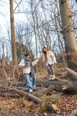 Ormanda yürüyen iki kadın. Orman. Doğa. Açık hava eğlencesi. Yüksek kalite fotoğraf. Soğuk hava. Doğa gezisi.