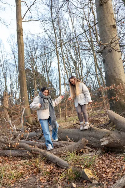 Ormanda yürüyen iki kadın. Orman. Doğa. Açık hava eğlencesi. Yüksek kalite fotoğraf. Soğuk hava. Doğa gezisi.