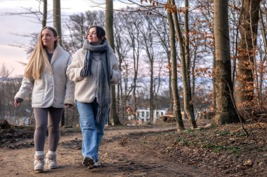 Ormanda yürüyen iki kadın. Orman. Doğa. Açık hava eğlencesi. Yüksek kalite fotoğraf. Ormanda bir patika boyunca yürüyen iki kadın. Soğuk hava. Metin için boşluk.