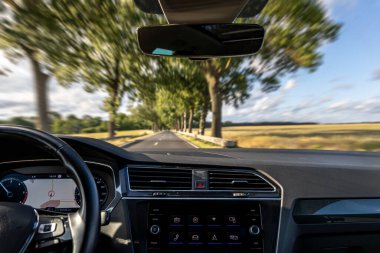 Hareketli bir arabanın manzaralı kırsal bir yolda, uzun ağaçlarla kaplı bir iç görüntüsü tünel etkisi ve hareket hissi yaratıyor..