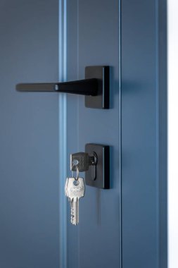 Mavi bir kapının dikey görüntüsü, grafit saplı ve kilitte anahtarlar, şık bir iç mekan için serin bir palet ve gevrek bir geometri.