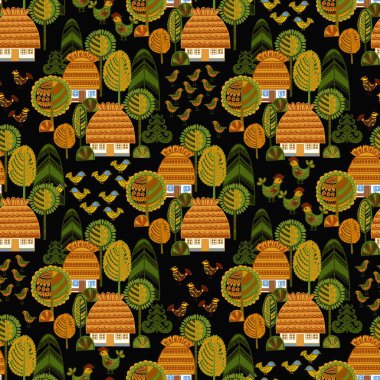 Geleneksel Kulübeleri ve Doğa ile Büyüleyici Ukrayna Köyü Halk Sanatı Şablonu