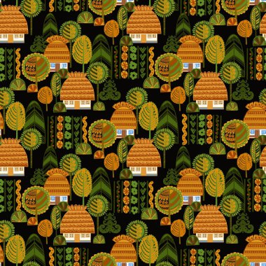 Geleneksel Kulübeleri ve Doğa ile Büyüleyici Ukrayna Köyü Halk Sanatı Şablonu