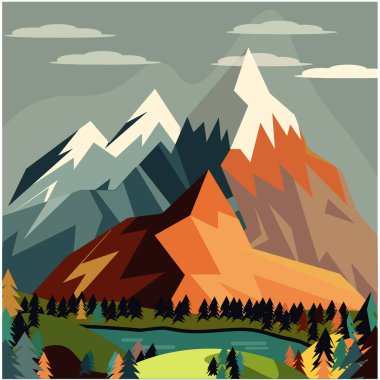 Çayırın tepesinde karla kaplı bir dağ manzarasının vektör çizimi bir nehir gölü, bir sürü ağaç ve köknar ağacı var.