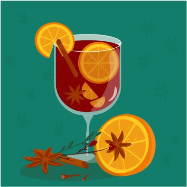 Parlak bir illüstrasyon, kırmızı şaraplı uzun bir bardak turuncu renkli Gdintwein ve kırmızı bardaklı tarçın.