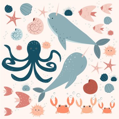 Bir grup deniz hayvanı ve balık.