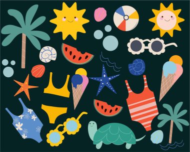 Düz dizaynlı yaz ikonları. vektör illüstrasyonu