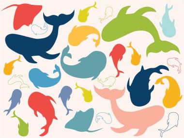 Deniz hayvanları. Okyanus hayvanları ana hatlarıyla. Çok renkli el etiketleri, köpek balıkları, balinalar, balıklar, vatozlar.