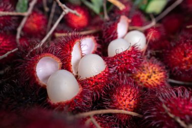 Endonezya pazarında satılık yapraklı taze kırmızı rambutan bolluğu.