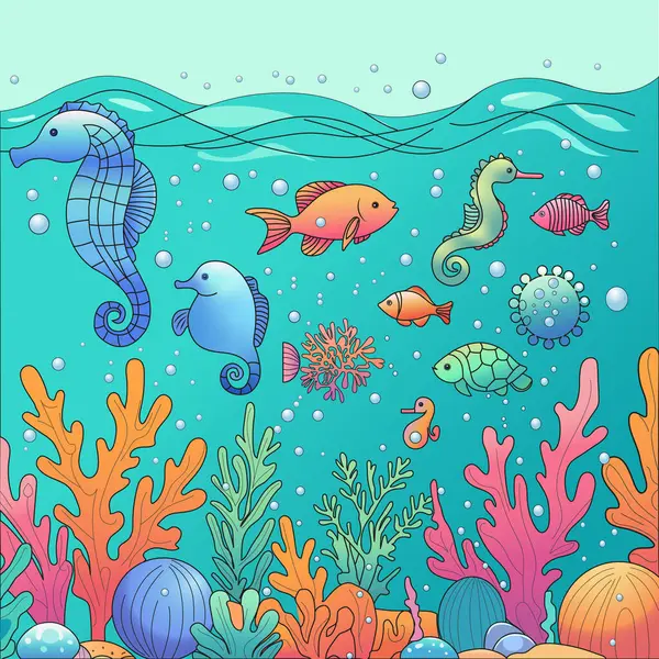 Deniz atları, çeşitli balıklar ve narin deniz bitkileri gizemli sualtı manzarasını süsler. Eğitim materyalleri veya yaratıcı projeler için idealdir, derin deniz ortamlarının güzelliğini ve biyolojik çeşitliliğini çarpıcı detaylarla anımsatır.