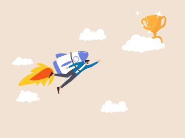 Bulutların arkasında bir ödül için roket gibi uçuyor. Gizli hedeflere ulaşma ve başarıya ulaşma cesaretini gösteren iddialı bir iş seyahatinin göstergesi..