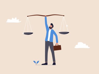 Büyük bir tartı tutan bir işadamı, iş ahlakı ve dürüstlüğün profesyonel çabalarda başarı ve güvenilirlik sağlanmasındaki kilit rolünü simgeliyor..
