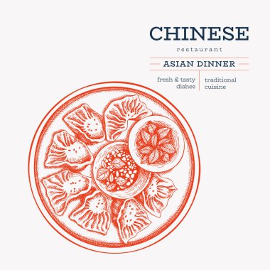 Çin Tabağı İllüstrasyonu. Vektör El çizimi izole edilmiş Wonton plakası. Klasik Asya Köfteleri Çizimi