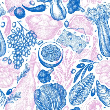 Akdeniz Mutfağı Kusursuz Vektör Deseni. Vektör El Sağlıklı Yemek Özgeçmişi. Vintage Biçim Menüsü ResmiComment.