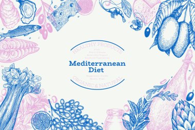 Akdeniz Mutfak Tasarım Şablonu. Vektör El Sağlıklı Yiyecek Afişi. Vintage Biçim Menüsü ResmiComment.
