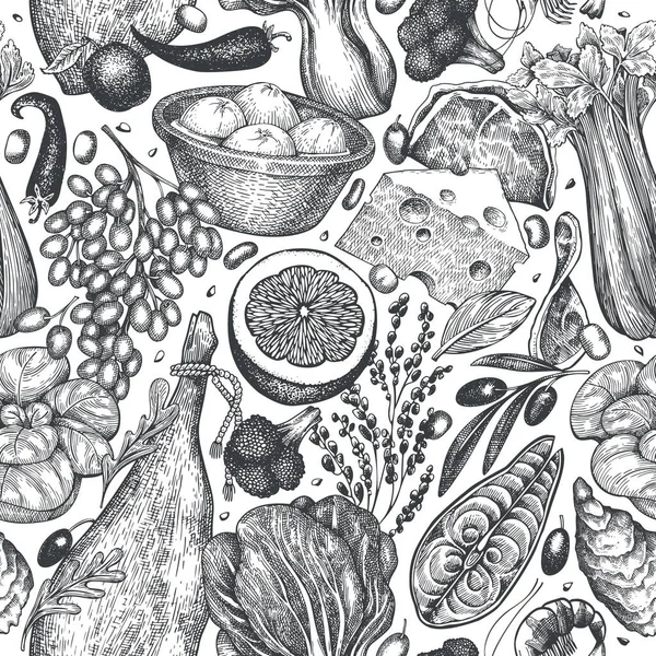 地中海的无缝线矢量图 病媒手绘健康食品背景 复古风格菜单图解 — 图库矢量图片