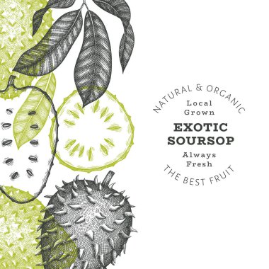 Elle çizilmiş çizim stili, meyveli pankart. Organik taze meyve vektörü çizimi. Retro guanabana tasarım şablonu