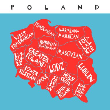 Vektör El, Polonya Eyaletlerinin Biçimli Haritası. Seyahat Resimleri. Polonya Cumhuriyeti Coğrafya İllüstrasyonu. Avrupa Harita Elementi
