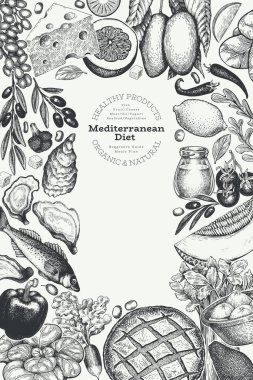 Akdeniz Mutfak Tasarım Şablonu. Vektör El Sağlıklı Yiyecek Afişi. Vintage Biçim Menüsü ResmiComment.