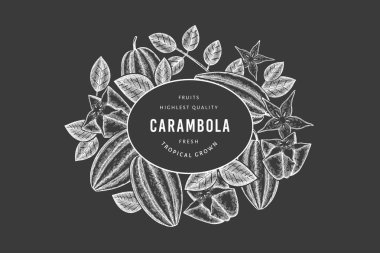 Elle çizilmiş eskiz tarzı Carambola afişi. Tebeşir tahtasında organik taze meyve vektör çizimi. Retro meyve tasarım şablonu