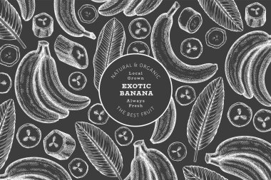 Elle çizilmiş muz pankartı. Tebeşir tahtasında organik taze meyve vektör çizimi. Retro egzotik meyve tasarım şablonu