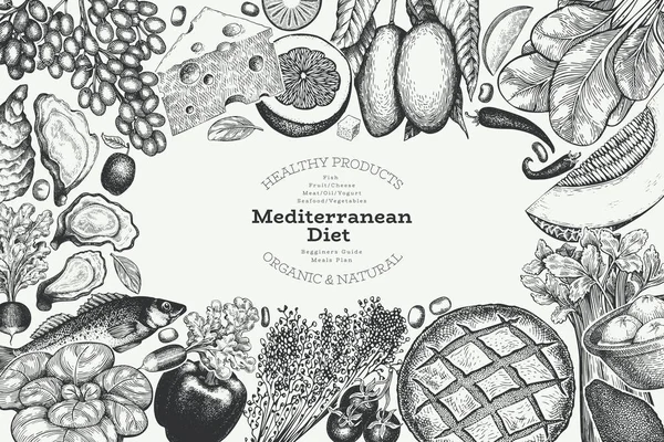 地中海料理デザインテンプレート ベクター手描き健康食品バナー ヴィンテージスタイルメニューイラスト ベクターグラフィックス
