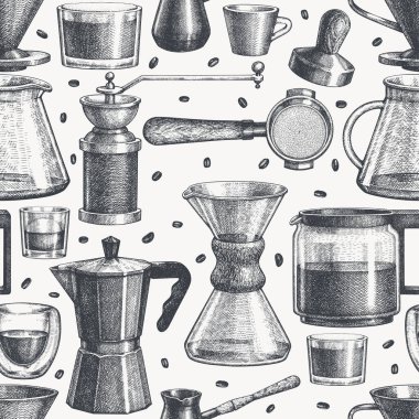 Alternatif Kahve Üreticileri Kusursuz Desen. Vector Hand Özel Kahve Ekipmanı Özgeçmişi. Vintage Style Coffee Bar Tasarımı 