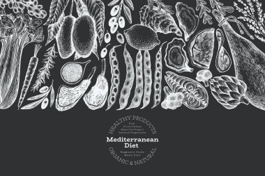 Akdeniz Mutfak Tasarım Şablonu. Vektör El Sağlıklı Yiyecek Afişi. Klasik Mönü Tebeşir Tahtası İllüstrasyonu.