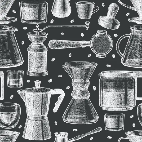 Alternatif Kahve Üreticileri Kusursuz Desen. Vector Hand Özel Kahve Ekipmanı Özgeçmişi. Vintage Style Coffee Bar Tebeşir Tahtası İllüstrasyonu  