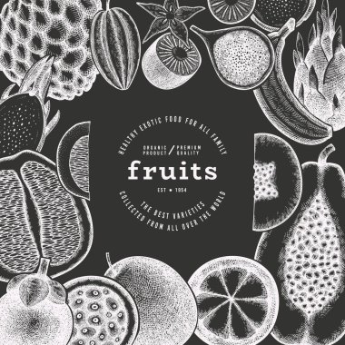 Tropikal Meyve Tasarım Şablonu. Vektör Eli Egzotik Meyve Tebeşiri Tahtası İlüzyonu. Vintage Biçim Menüsü ResmiComment.