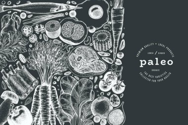 Paleo Diyet Tebeşir Tasarım Şablonu. Vektör El Sağlıklı Yiyecek Afişi. Vintage Biçim Menüsü ResmiComment.