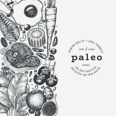 Paleo Diyet Tasarım Şablonu. Vektör El Sağlıklı Yiyecek Afişi. Vintage Biçim Menüsü ResmiComment.