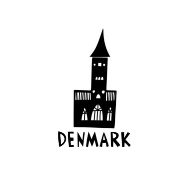 Vektör Eli Danimarka Etiketi. Seyahat İskandinav Illustration. El Yazısı Harfleri Çizimi. Danimarka Sembol Logosu