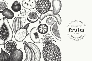 Tropikal Meyve Tasarım Şablonu. Vektör El Egzotik Meyve Afişi. Vintage Biçim Menüsü ResmiComment.