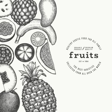 Tropikal Meyve Tasarım Şablonu. Vektör El Egzotik Meyve Afişi. Vintage Biçim Menüsü ResmiComment.