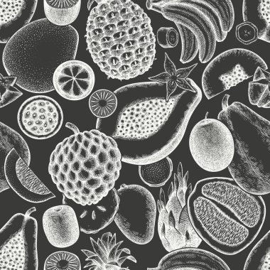 Tropik Meyvesiz Şekil. Vektör El Egzotik Meyve Arkaplanı. Tebeşir Tahtası Resim Çizimi.