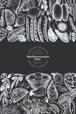 Akdeniz Mutfak Tasarım Şablonu. Vektör El Sağlıklı Yiyecek Afişi. Klasik Mönü Tebeşir Tahtası İllüstrasyonu.