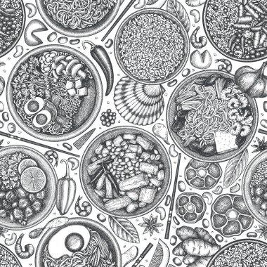 Çin mutfağı arka planı. Vektör El, Asya Gıda Şekilsiz Çizildi. Vintage Biçim Menüsü ResmiComment.