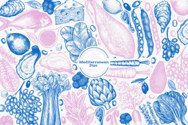 Akdeniz Mutfak Tasarım Şablonu. Vektör El Sağlıklı Yiyecek Afişi. Vintage Biçim Menüsü ResmiComment.