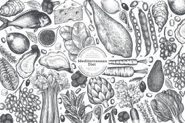 Akdeniz Mutfak Tasarım Şablonu. Vektör El Sağlıklı Yiyecek Afişi. Vintage Biçim Menüsü ResmiComment.