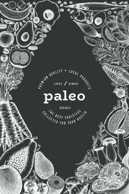 Paleo Diyet Tebeşir Tasarım Şablonu. Vektör El Sağlıklı Yiyecek Afişi. Vintage Biçim Menüsü ResmiComment.