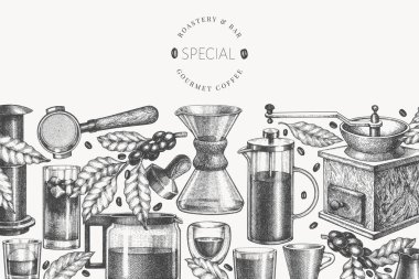 Alternative Coffee Makers Illustration. Vector Hand Drawn Specialty Coffee Equipment Banner. Vintage Style Coffee Bar Design  clipart