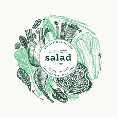 Yeşil Sebze Tasarım Şablonu. Vector Hand Sağlıklı Yaprak Salata Afişi. Vintage Biçim Menüsü ResmiComment.