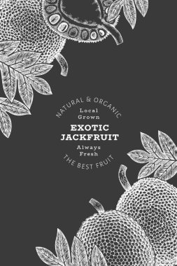 Elle çizilmiş çizim tarzı meyveli pankart. Tebeşir tahtasında organik taze meyve vektör çizimi. Retro ekmek meyvesi tasarım şablonu