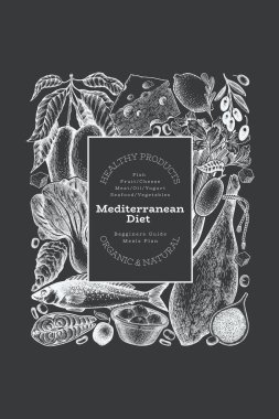 Akdeniz Mutfak Tasarım Şablonu. Vektör El Sağlıklı Yiyecek Afişi. Klasik Mönü Tebeşir Tahtası İllüstrasyonu.