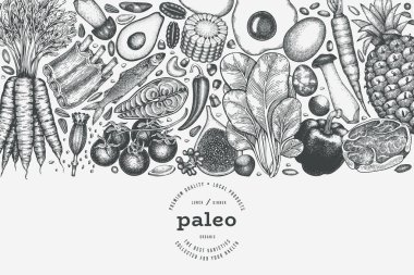 Paleo Diyet Tasarım Şablonu. Vektör El Sağlıklı Yiyecek Afişi. Vintage Biçim Menüsü ResmiComment.