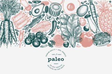 Paleo Diyet Tasarım Şablonu. Vektör El Sağlıklı Yiyecek Afişi. Vintage Biçim Menüsü ResmiComment.