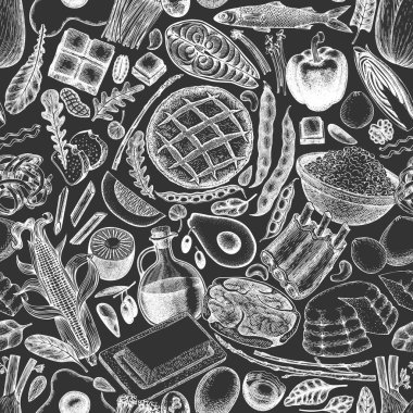 Dash Diyet Tebeşir Kurulu Kusursuz Desen. Vektör El Sağlıklı Yemek Özgeçmişi. Vintage Biçim Menüsü ResmiComment.